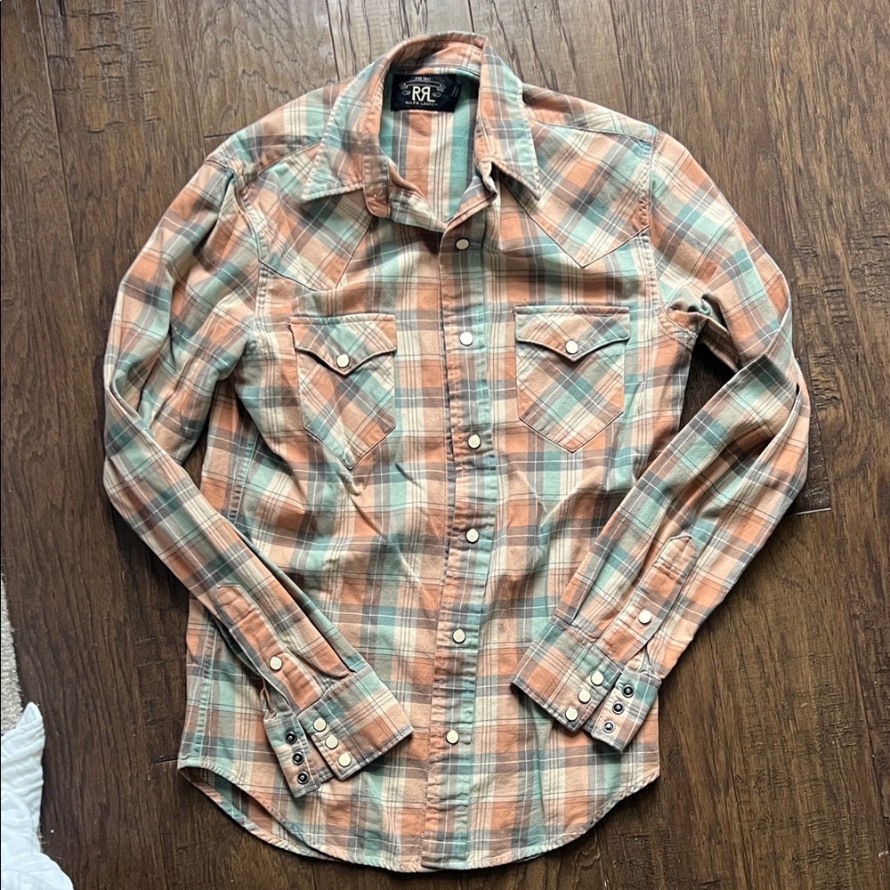 Ralph Lauren Double RL Men's Casual Plaid Western Work Shirt - Orange and Green - Picture 2 of 7